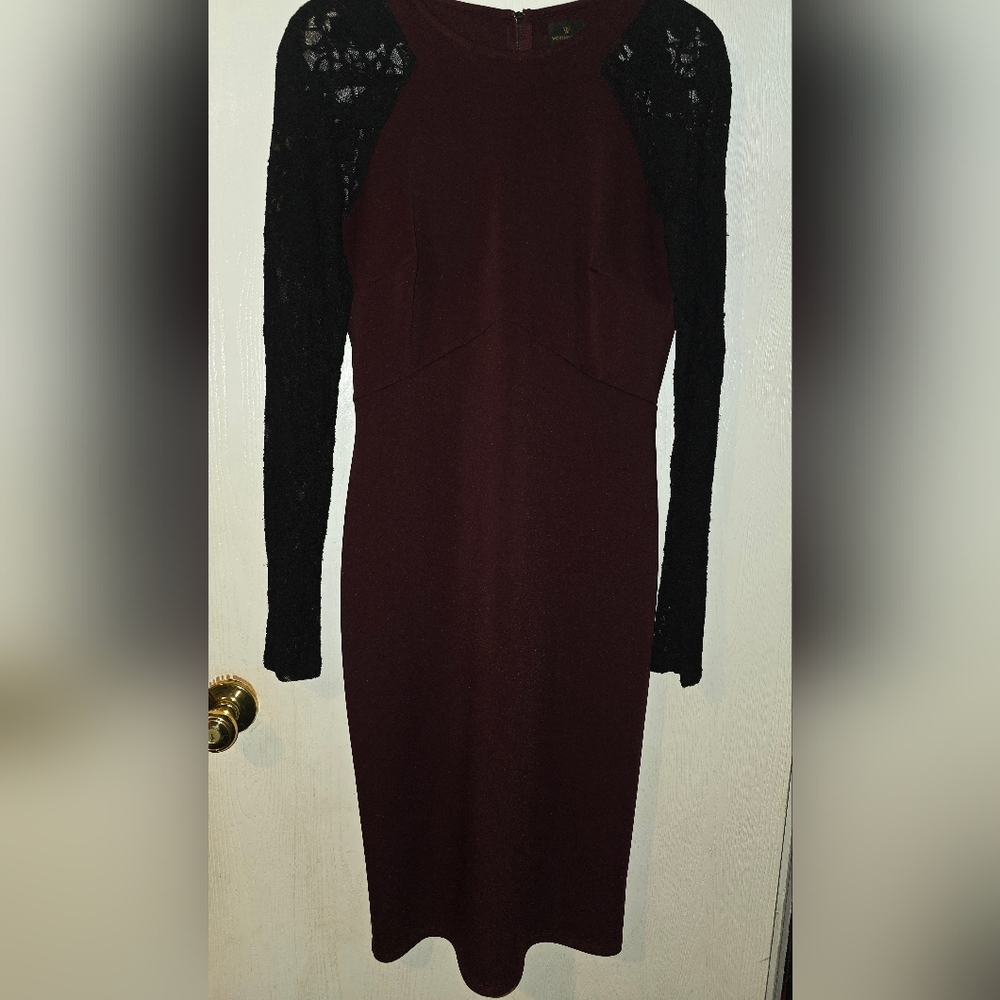 Elegant Burgundy and Black Lace Sleeve Dress Worthington Size 6